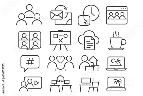 Remote Work Icons. Line style icons of startup remote work: remote team icon, async communication symbol, timezone overlap chart,