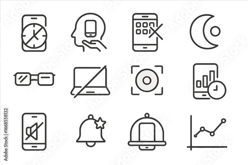 Digital Wellbeing Icons. Line style icons of digital wellbeing: screen limit icon, mindful tech usage, app detox icon, do not