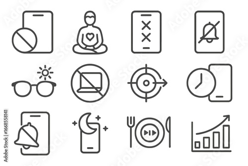Digital Wellbeing Icons. Line style icons of digital wellbeing: screen limit icon, mindful tech usage, app detox icon, do not
