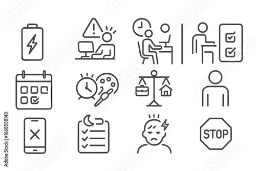 Burnout Prevention Icons. Line style icons of burnout prevention: energy tank icon, overwork alert, recharge break symbol, task