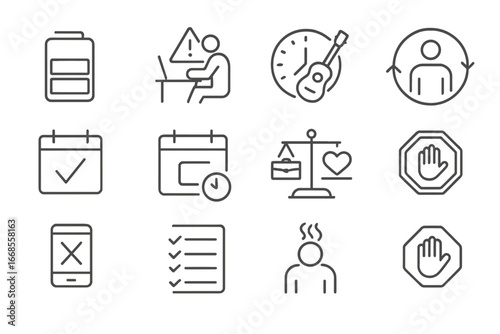 Burnout Prevention Icons. Line style icons of burnout prevention: energy tank icon, overwork alert, recharge break symbol, task
