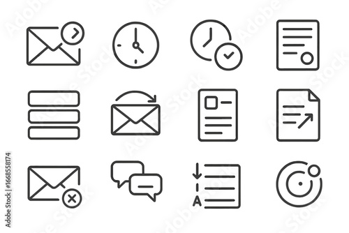 Asynchronous Communication Icons. Line style icons of asynchronous communication: async message icon, timezone badge, reply later