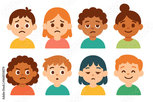 Children's Emotions Grid. Flat vector mini-illustrations power discharge emotions in colors children's illustrations: worried
