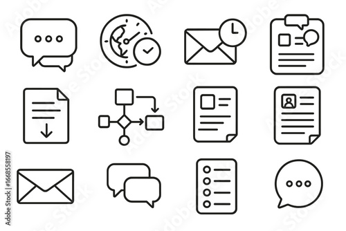 Asynchronous Communication Icons. Line style icons of asynchronous communication: async message icon, timezone badge, reply later
