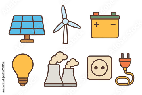 Children's Energy Icons. Flat vector mini-illustrations energy output in colors children's illustrations: solar panel, wind