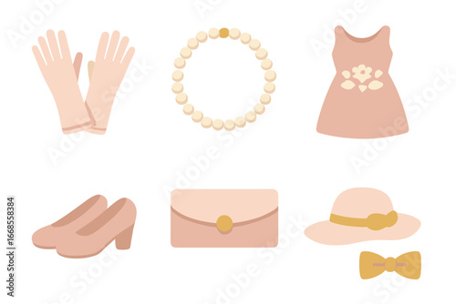 Children's Fashion Icons. Flat vector mini-illustrations fashion refinement in colors children's illustrations: silk gloves, pearl