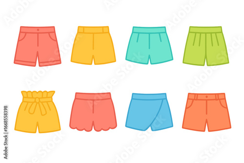 Children's Fashion Shorts Grid. Flat vector mini-illustrations fashion shorts in colors children's illustrations: tailored shorts,