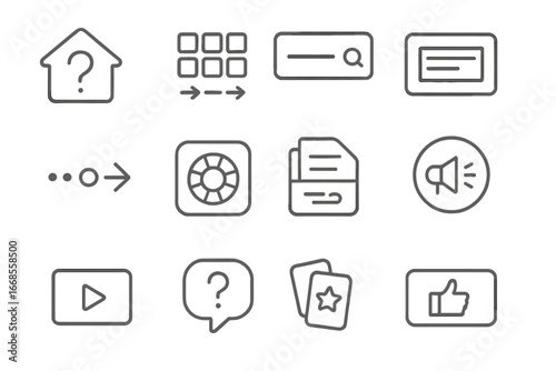 Help Center Icons. Line style icons of help center interface: main help page icon, topic categories grid, search FAQ field,