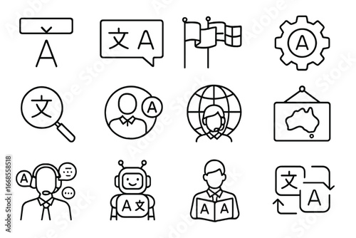 Multilingual Support Icons. Line style icons of multilingual support: language dropdown icon, translated message tag, multi-flag