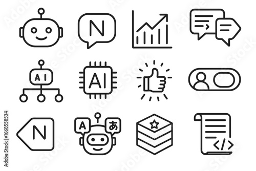 AI Icon Collection. Line style icons of support chatbots and AI: AI assistant face, natural language tag, bot training graph,