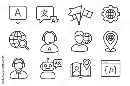 Multilingual Support Icons. Line style icons of multilingual support: language dropdown icon, translated message tag, multi-flag