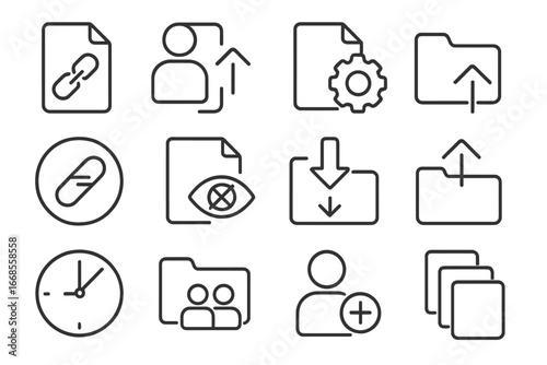 File Sharing Icons. Line style icons of file sharing: file share link icon, user with shared file, permission settings icon,
