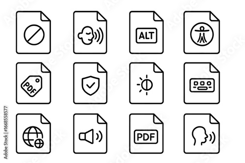 File Accessibility Icons. Line style icons of file accessibility: large file icon, screen reader file tag, alternative text file,