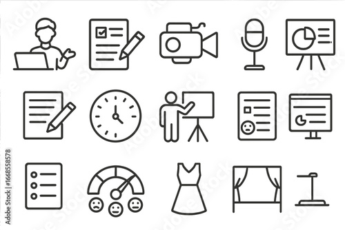 Pitch Preparation Icons. Line style icons of pitch preparation: rehearsing pitch icon, feedback form icon, pitch video camera,