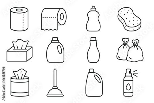 Household Essentials Icons. Line style icons of household staples: paper towels, toilet paper roll, dish soap bottle, sponge icon,