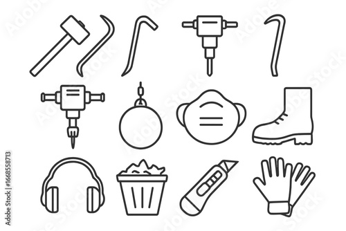 Demolition Tools Icons. Line style icons of demolition tools: sledgehammer icon, crowbar icon, jackhammer icon, pry bar icon,