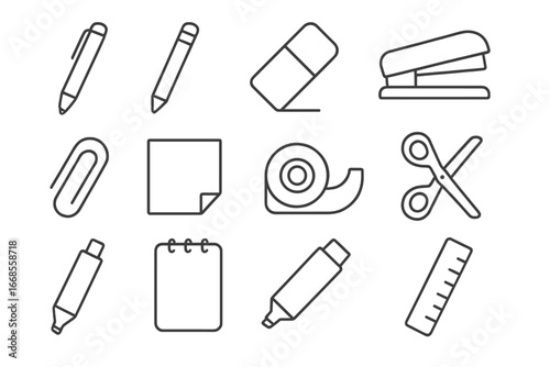 Office Supplies Icons. Line style icons of basic office supplies: pen icon, pencil icon, eraser icon, stapler icon, paper clip,