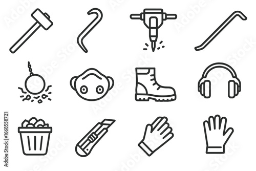 Demolition Tools Icons. Line style icons of demolition tools: sledgehammer icon, crowbar icon, jackhammer icon, pry bar icon,