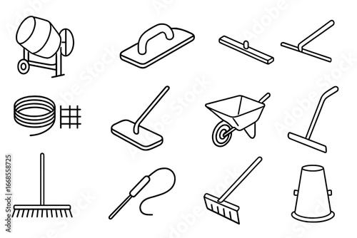 Concrete Tool Icons. Line style icons of concrete tools: concrete mixer, trowel float, edging tool, screed tool, rebar tie wire,