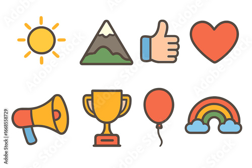 Children's Icon Grid. Flat vector mini-illustrations inspirational quotes in colors children's illustrations: sun, mountain peak,