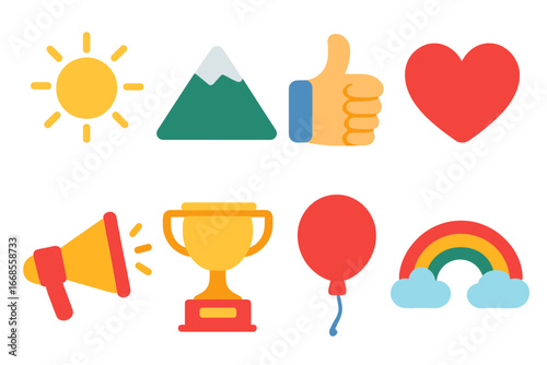 Children's Icon Grid. Flat vector mini-illustrations inspirational quotes in colors children's illustrations: sun, mountain peak,