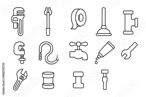 Plumbing Tools Icons. Line style icons of plumbing tools: pipe wrench, basin wrench, plumber’s tape, plunger icon, pipe cutter,