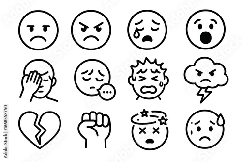Emotional Icon Collection. Line style icons of negative emotions: frowning face, angry brows, tear drop eye, scream face, facepalm