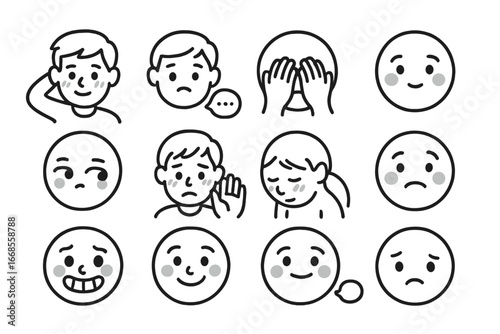 Awkward Emoji Set. Line style icons of embarrassment and awkwardness: blush cheeks, hand behind head, sweat drop, speechless