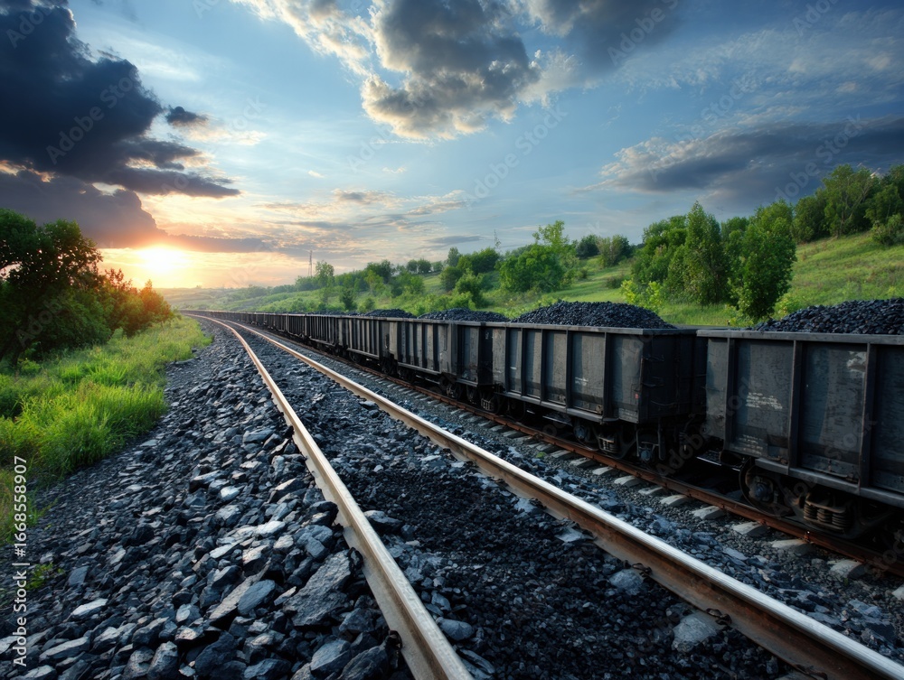 Fototapeta premium Coal train transporting cargo at sunset serene landscape nature photography industrial environment