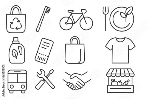 Eco-Friendly Line Icons. Line style icons of eco-friendly lifestyle: zero waste bag, bamboo toothbrush, bike icon, plant-based