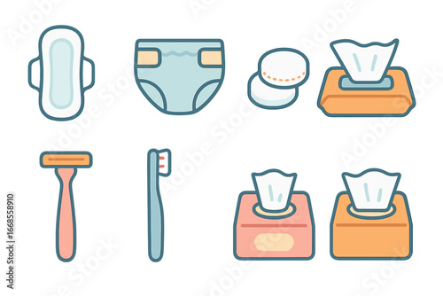 Children's Hygiene Icons. Flat vector mini-illustrations disposable hygiene products in colors children's illustrations: sanitary
