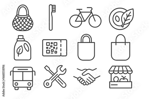 Eco-Friendly Line Icons. Line style icons of eco-friendly lifestyle: zero waste bag, bamboo toothbrush, bike icon, plant-based