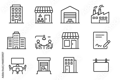 Commercial Real Estate Icons. Line style icons of commercial real estate: office building, retail space, warehouse icon,