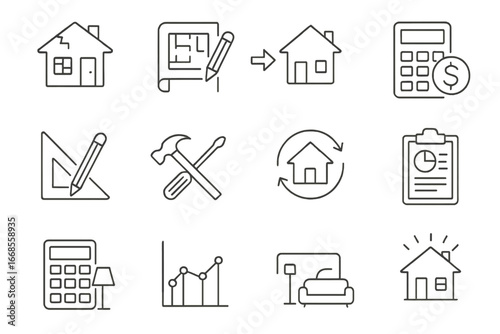 House Flipping Icons. Line style icons of house flipping: fixer-upper, renovation plan, before and after, budget tracking, design