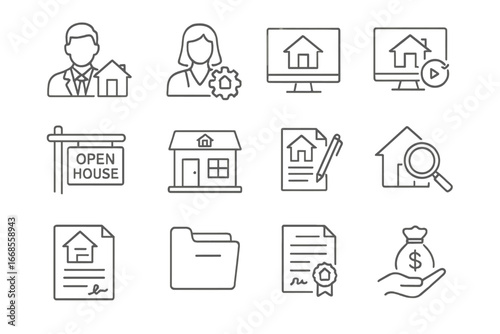 Real Estate Line Icons. Line style icons of real estate services: real estate agent, property manager, listing board, virtual tour
