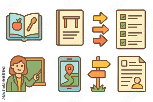 Children's Instruction Icons. Flat vector mini-illustrations Following instructions in colors children's illustrations: recipe