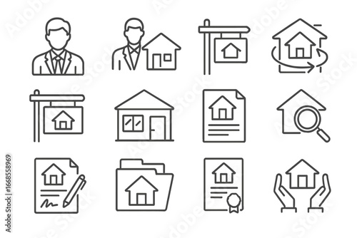 Real Estate Line Icons. Line style icons of real estate services: real estate agent, property manager, listing board, virtual tour