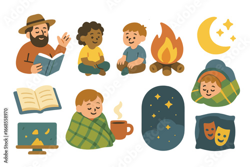 Children's Illustration Icons. Flat vector mini-illustrations storytelling end in colors children's illustrations: storyteller,