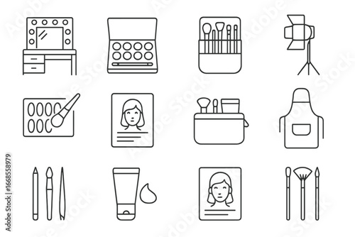 Professional Cosmetics Icons. Line style icons of professional cosmetics: makeup station, pro palette, artist brush belt, studio