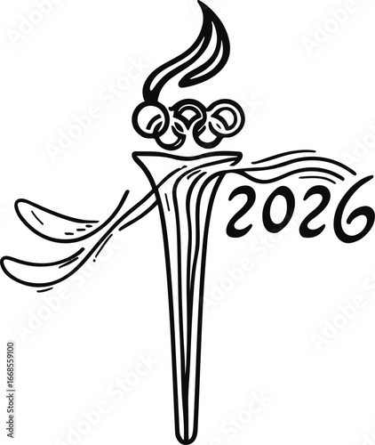 Black and white line art of Olympic torch with ‘2026’, minimal hand-drawn vector style 3
