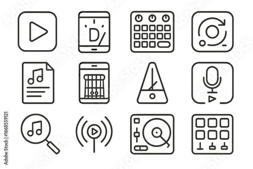 Music App Icons. Line style icons of music apps: play music app, tuner app, beat maker app, loop station, lyrics display, chord