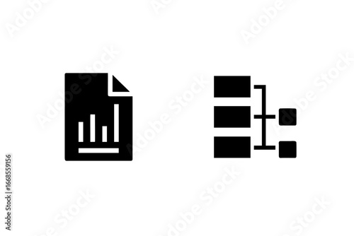 Project management icons showing report analysis and hierarchical structure planning