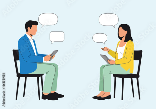 Vector illustration of two people sitting on chairs and talking with speech bubbles