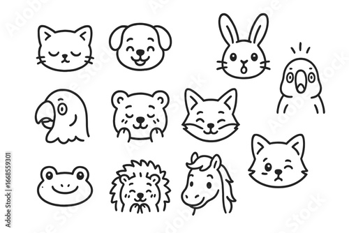 Cute Animal Expressions. Line style icons of cute animal expressions: sleepy kitten, smiling pup, excited hamster, curious bunny,