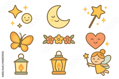 Children's Magical Icons. Flat vector mini-illustrations charm in colors children's illustrations: sparkling stars, smiling moon,