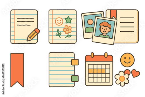 Children's Memory Pages. Flat vector mini-illustrations memoir pages in colors children's illustrations: lined paper, handwritten