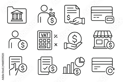 Business Banking Icons. Line style icons of business banking: company account, business loan, invoice payment, business credit