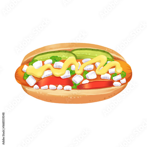 A vibrant and appetizing illustration of a classic hot dog in a bun, generously topped with yellow mustard, diced white onions, red tomato slices, and green pickle slices.