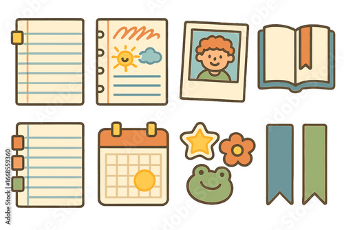 Children's Memory Pages. Flat vector mini-illustrations memoir pages in colors children's illustrations: lined paper, handwritten