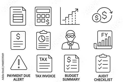 Tax Finance Icons. Line style icons of tax and finance: tax form icon, income tax calculator, tax bracket graph, tax refund icon,
